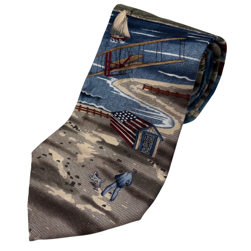 Vintage Americana Airplane Flag Boat Water Necktie‎ Coastal Patriotic USA 56"x4"